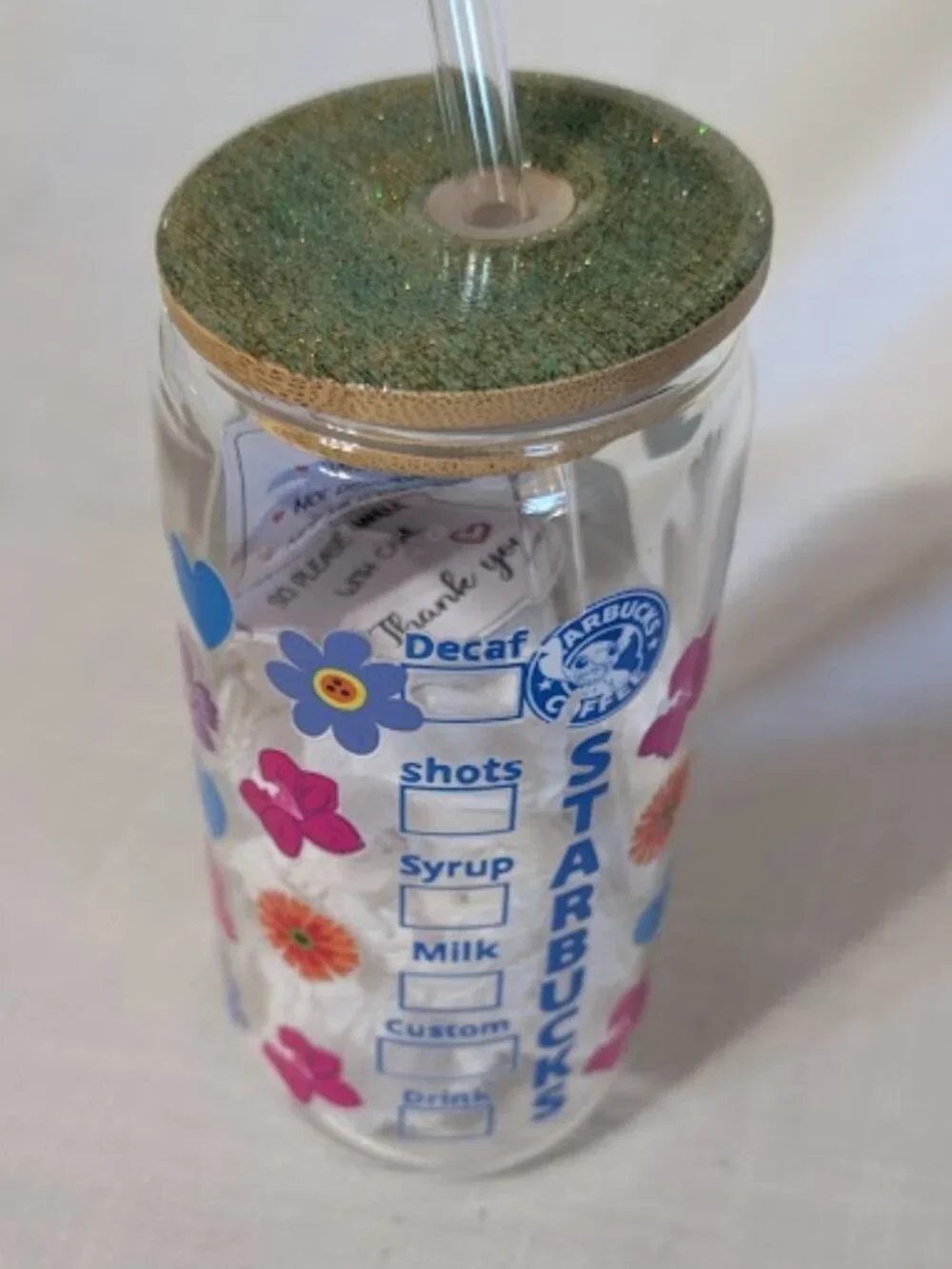 16oz Glass “CAN” Tumbler featuring a Starbucks – inspired Stitch design